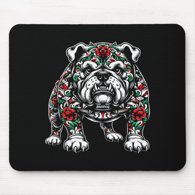 Bulldog Floral Red Rose Mens Womens  Mouse Pad (Front)