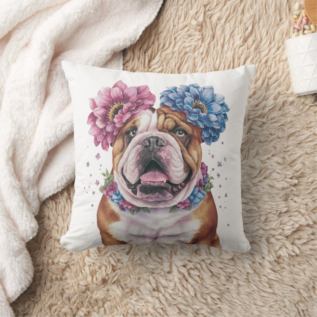 Bulldog Flower Crown Watercolor Print Cushion (Blanket)