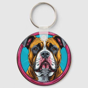 Bulldog Framed in a Circular Decorative Design Key Ring