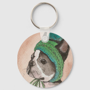 Bulldog Frances con gorro de lana Key Ring