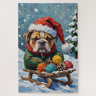 Bulldog Grumpy Rider in Christmas Sled Hat Jigsaw Puzzle