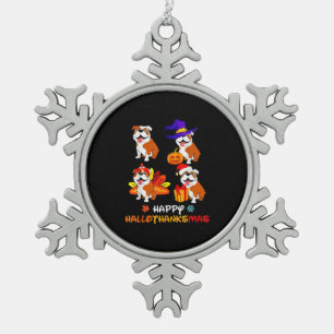 Bulldog Halloween And Merry Christmas Happy Hallot Snowflake Pewter Christmas Ornament