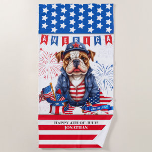 Bulldog Happy 4Th Of July America Independence Day Beach Towel