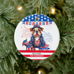 Bulldog Happy 4Th Of July America Independence Day Ceramic Ornament