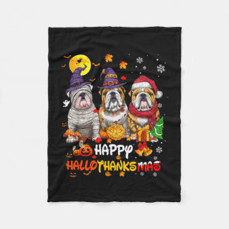 Bulldog happy hallothanksmas dog lover christmas fleece blanket