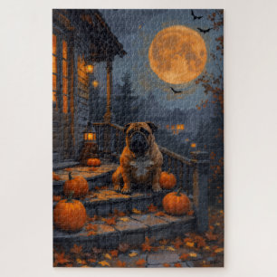 Bulldog Haunted Porch Halloween Artwork Jigsaw Puzzle