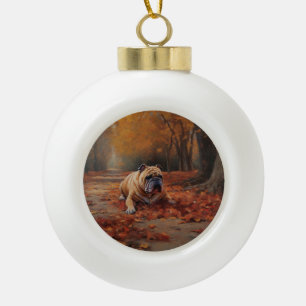 Bulldog in Autumn Leaves Fall Inspire  Ceramic Ball Christmas Ornament