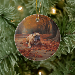 Bulldog in Autumn Leaves Fall Inspire  Ceramic Ornament