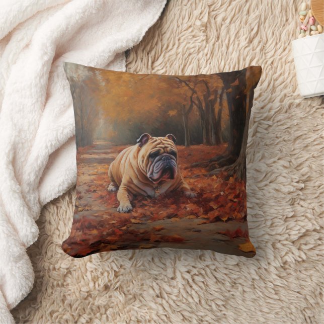 Bulldog in Autumn Leaves Fall Inspire  Cushion (Blanket)