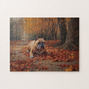 Bulldog in Autumn Leaves Fall Inspire  Jigsaw Puzzle