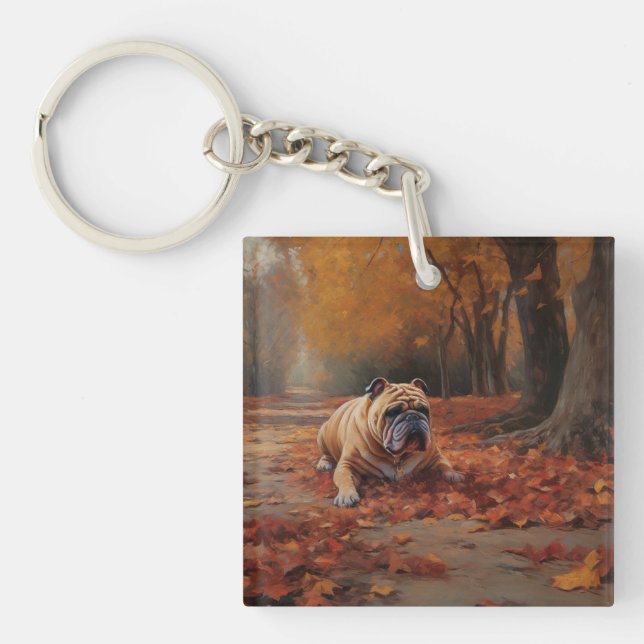 Bulldog in Autumn Leaves Fall Inspire  Key Ring (Front)