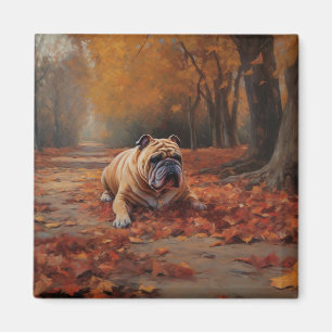 Bulldog in Autumn Leaves Fall Inspire  Magnet