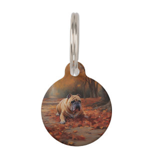 Bulldog in Autumn Leaves Fall Inspire Pet Tag
