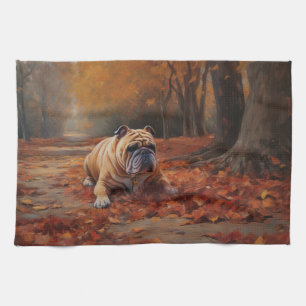 Bulldog in Autumn Leaves Fall Inspire Tea Towel