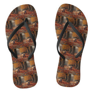 Bulldog in Autumn Leaves Fall Inspire  Thongs