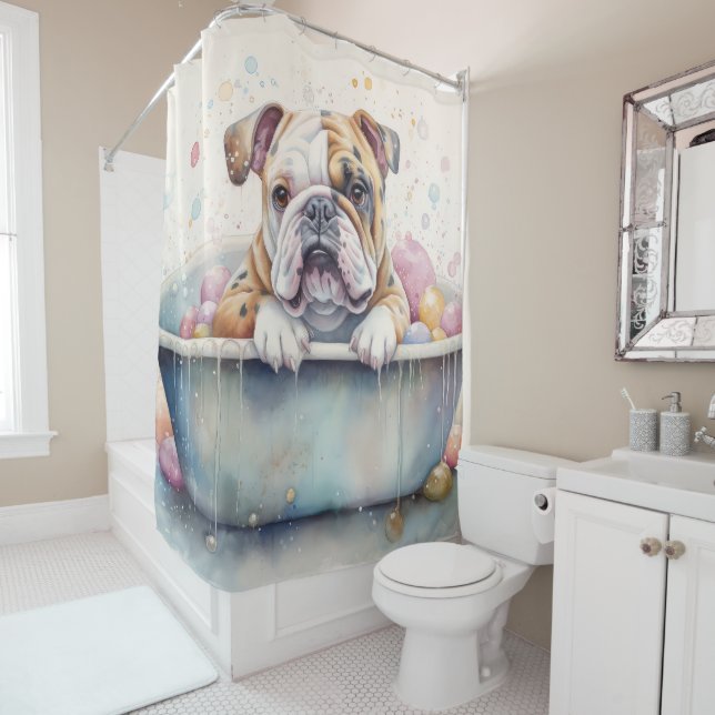Bulldog  In Bathtub Watercolor Dog Art Shower Curtain (In Situ)