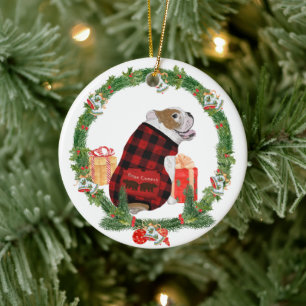 Bulldog in Christmas Wreath Ceramic Ornament