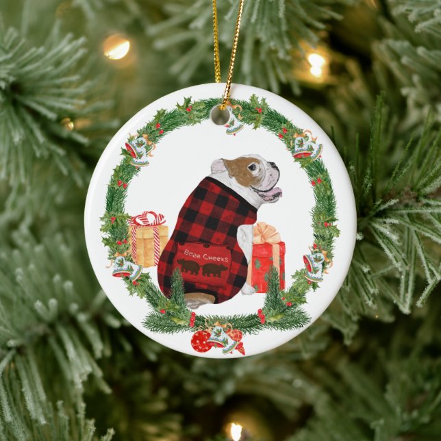 Bulldog in Christmas Wreath Ceramic Ornament (Tree)