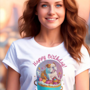 Bulldog in cup Happy Birthday Funny Bulldog Pups T-Shirt