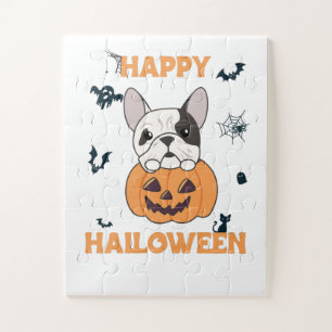 Bulldog In Pumpkin Cute Dogs Happy Halloween Jigsaw Puzzle