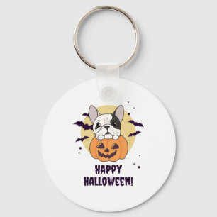 Bulldog In Pumpkin Cute Dogs Happy Halloween Key Ring