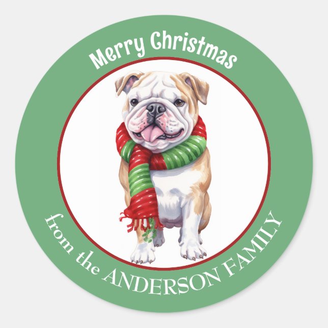 Bulldog in Red and Green Christmas Scarf Classic Round Sticker (Front)