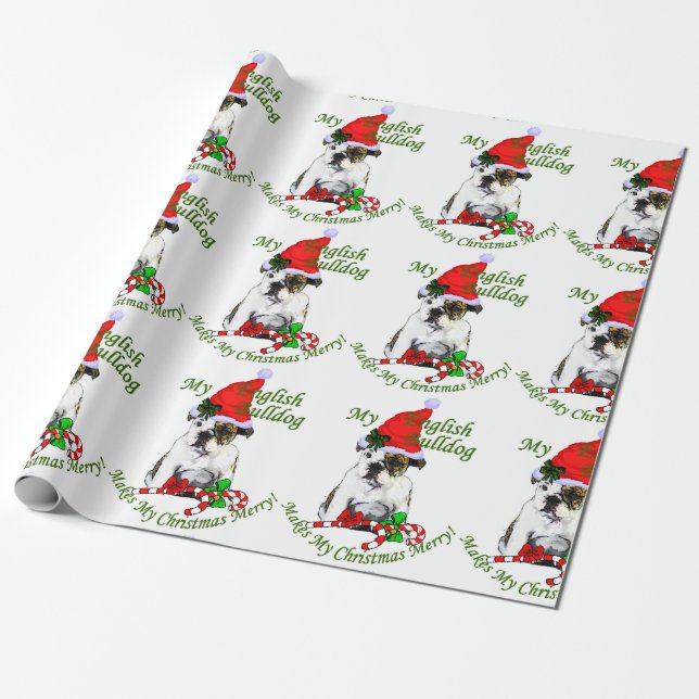 Bulldog in Santa Hat Christmas Merry Wrapping Paper (Unrolled)
