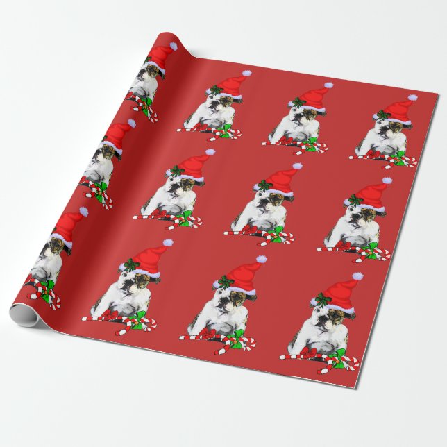 Bulldog in Santa Hat Christmas Wrapping Paper (Unrolled)