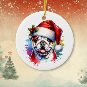  Bulldog in Santa Hat Personalised Christmas Ceramic Ornament