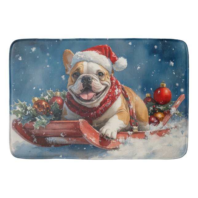 Bulldog in Sledge Let it Snow Christmas Bath Mat (Front)