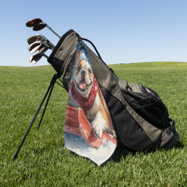 Bulldog in Sledge Let it Snow Christmas Golf Towel (Green)