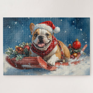 Bulldog in Sledge Let it Snow Christmas Jigsaw Puzzle