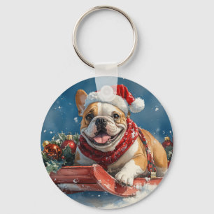 Bulldog in Sledge Let it Snow Christmas Key Ring