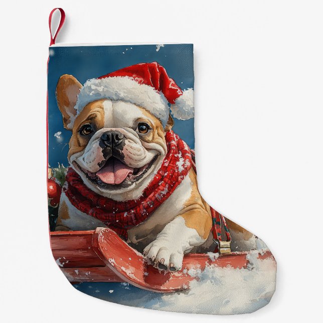 Bulldog in Sledge Let it Snow Christmas Small Christmas Stocking (Front)