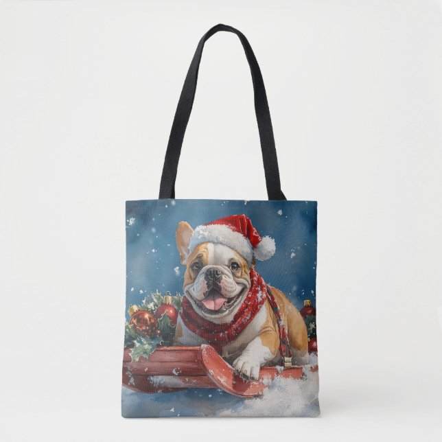 Bulldog in Sledge Let it Snow Christmas Tote Bag (Front)