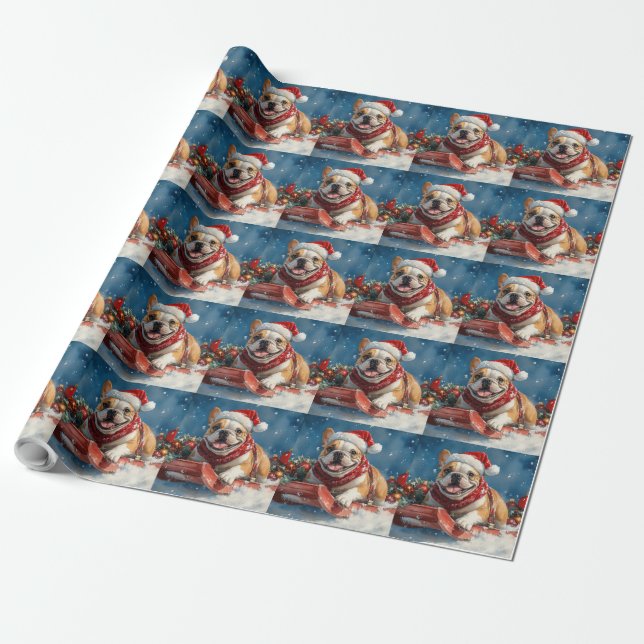 Bulldog in Sledge Let it Snow Christmas Wrapping Paper (Unrolled)