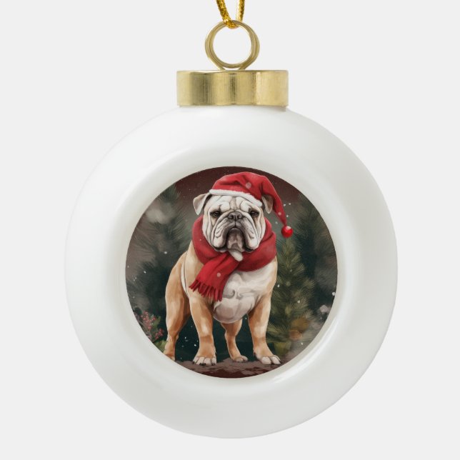 Bulldog in Snow Christmas Ceramic Ball Christmas Ornament (Front)