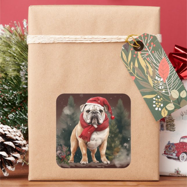 Bulldog in Snow Christmas Square Sticker (Holiday)