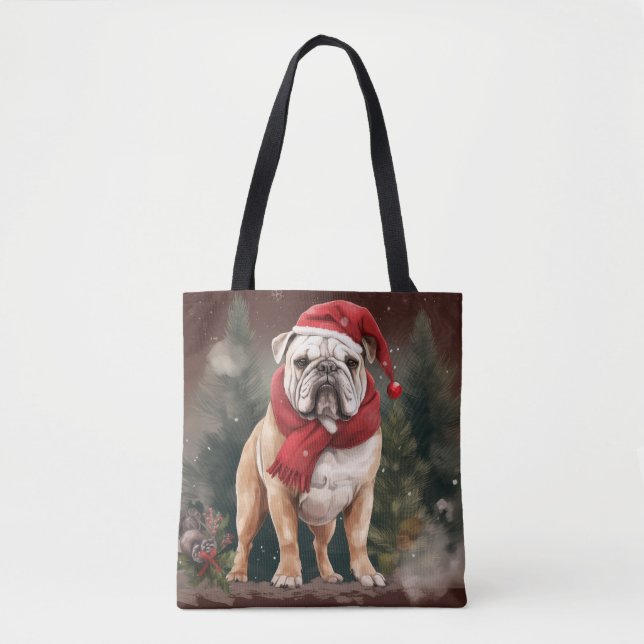 Bulldog in Snow Christmas Tote Bag (Front)