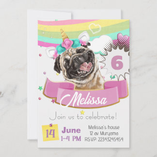 bulldog invitation, Pug Unicorn Puppy Dog Birthday Invitation
