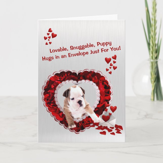 Bulldog Loveable Snuggable Puppy Hugs Holiday Card (Front)