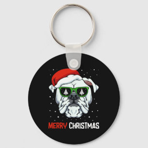 Bulldog Merry Christmas Pajama Cute Dog Santa Hat Key Ring