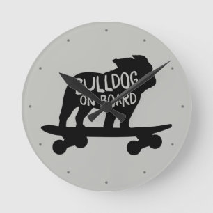 Bulldog on Board Skateboarding Dog Silhouette Round Clock