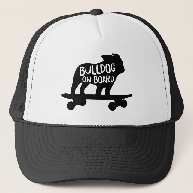 Bulldog on Board | Skateboarding Dog Silhouette Trucker Hat (Front)