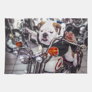 Bulldog on Motorcycle Tea Towel