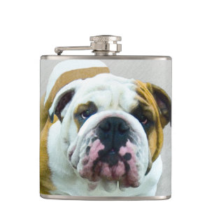 Bulldog Painting - Cute Original Dog Art Hip Flask