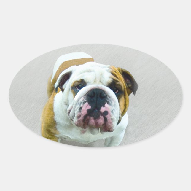 Bulldog Painting - Cute Original Dog Art Oval Sticker (Front)