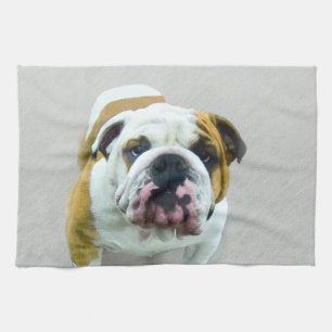 Bulldog Painting - Cute Original Dog Art Tea Towel