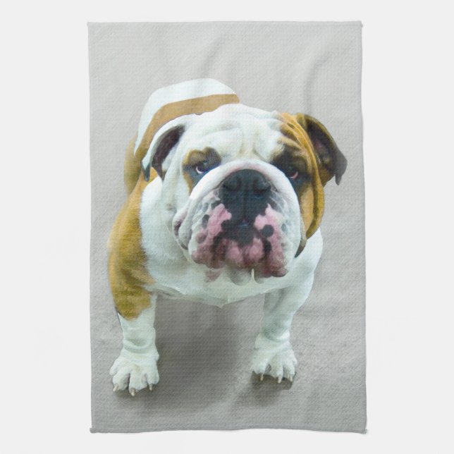 Bulldog Painting - Cute Original Dog Art Tea Towel (Vertical)