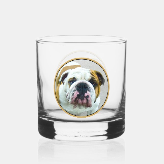 Bulldog Painting - Cute Original Dog Art Whiskey Glass (Front)